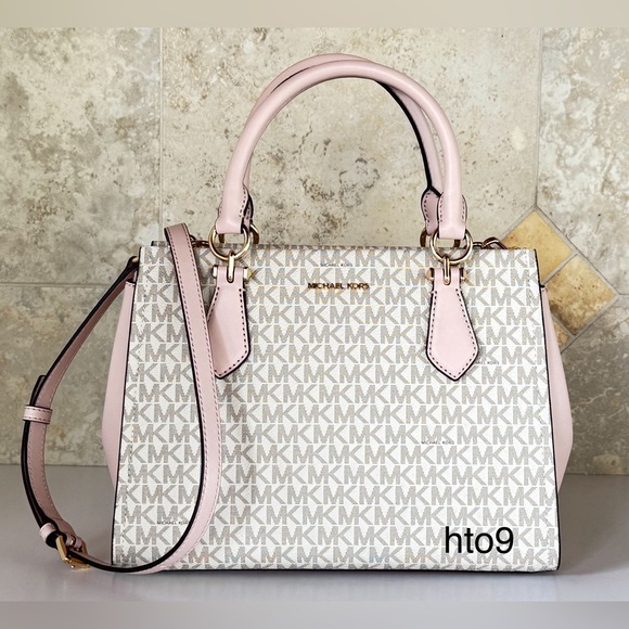 Michael Kors Marilyn MD Satchel Shoulder Bag MK Vanilla/Pink - Picture 1 of 12